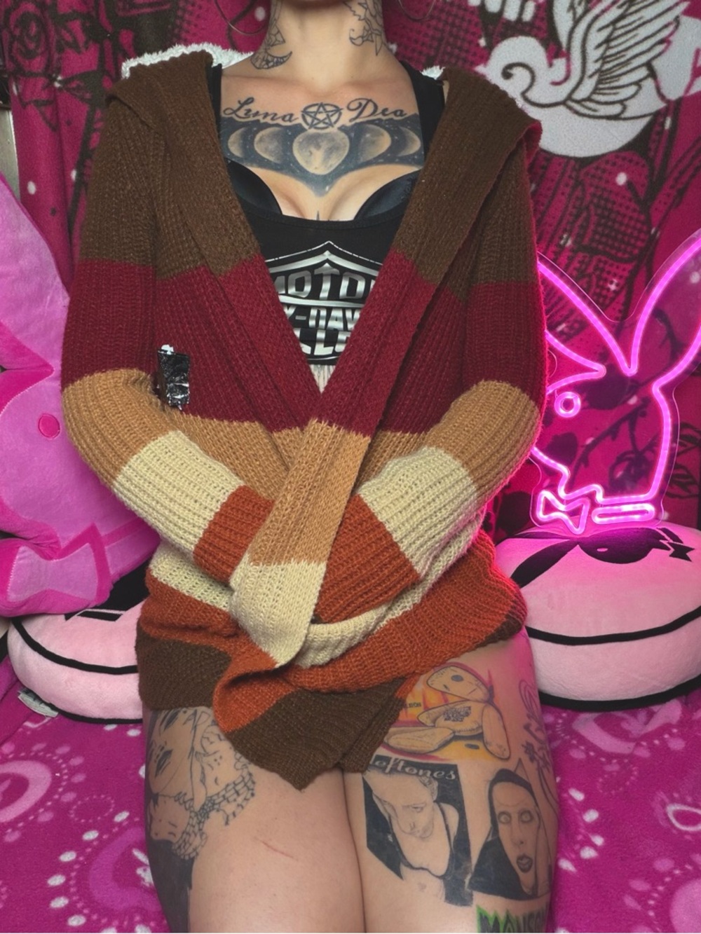 Almost Famous Brown Red Toned Stripe Open Cardigan Sherpa Lined Hooded Small